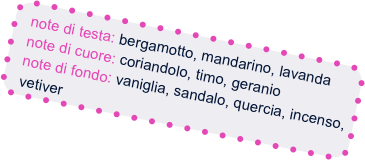 note di testa: bergamotto, mandarino, lavanda
  note di cuore: coriandolo, timo, geranio
  note di fondo: vaniglia, sandalo, quercia, incenso,  
 vetiver

